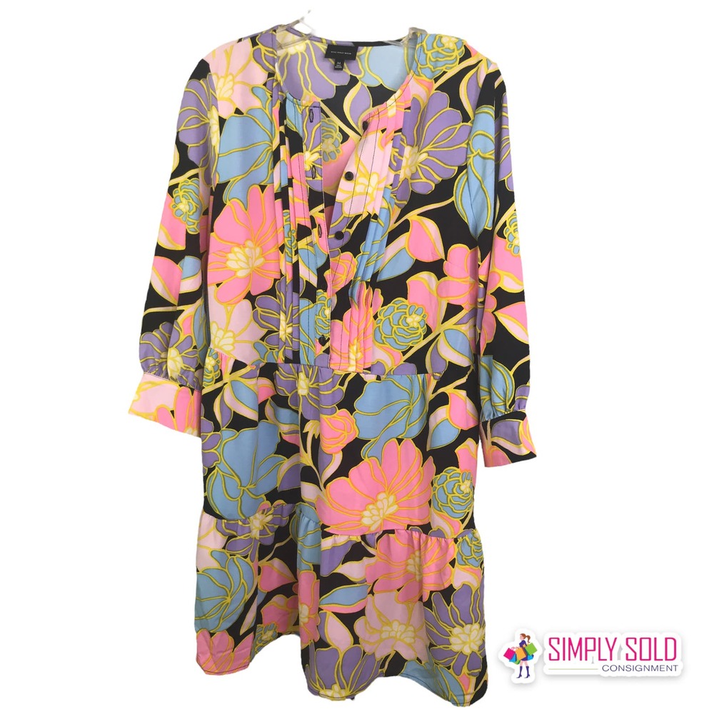 Who What Wear Women's Black Pink Floral Dress Mini Puff Sleeve 3/4 Bohemian Sz M